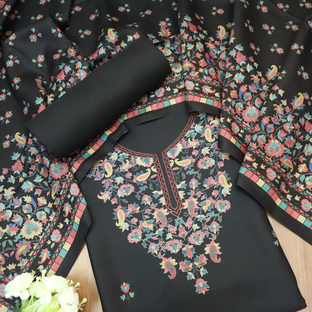 Rishvi Midnight Black Digital Kashmiri Printes Semi Pashmina Winter Set