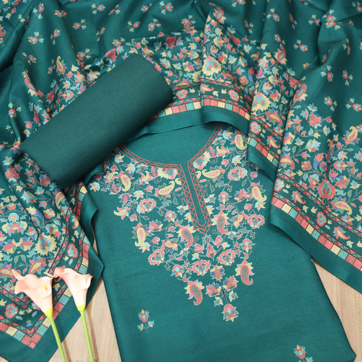 Rishvi Scralet Green Digital Kashmiri Printes Semi Pashmina Winter Set