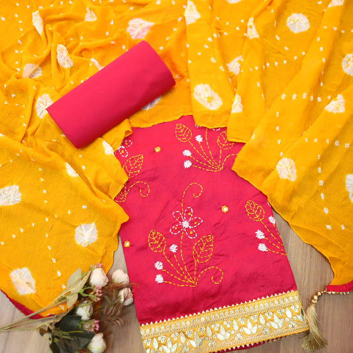 Patrani Rani Pink All Over Kantha Embroidered with Embellish Border work Cotton Set