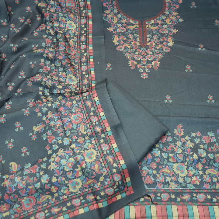 Rishvi Charcoal Grey Digital Kashmiri Printes Semi Pashmina Winter Set