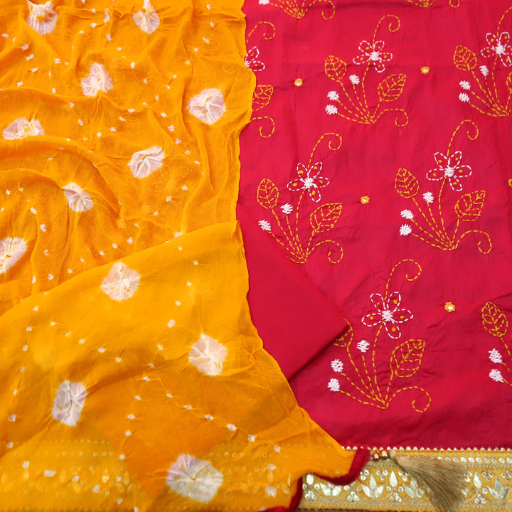 Patrani Rani Pink All Over Kantha Embroidered with Embellish Border work Cotton Set
