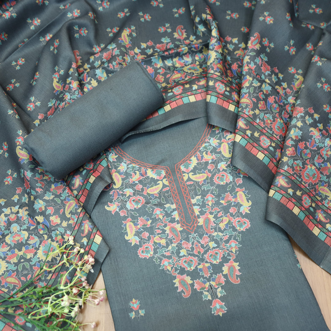Rishvi Charcoal Grey Digital Kashmiri Printes Semi Pashmina Winter Set