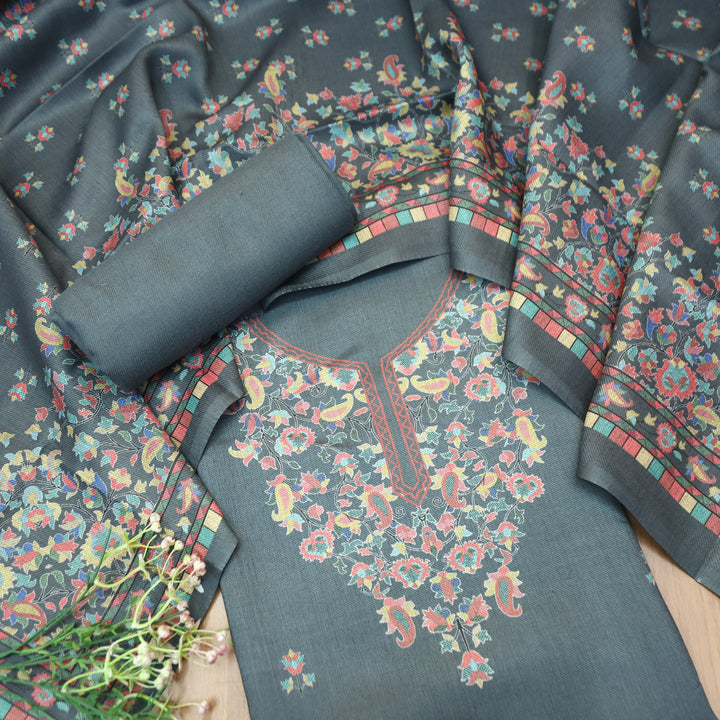 Rishvi Charcoal Grey Digital Kashmiri Printes Semi Pashmina Winter Set