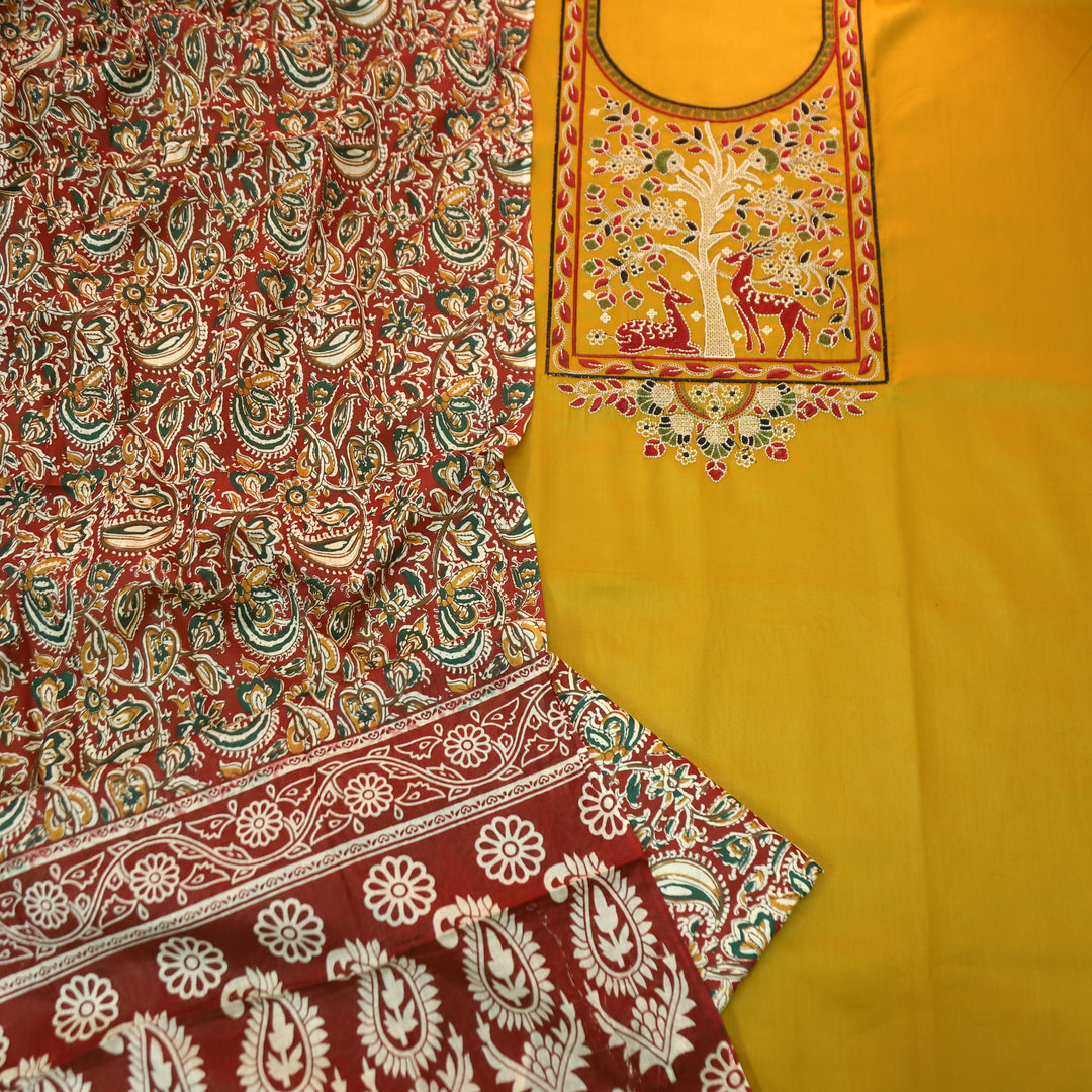 Patrani Dijon Yellow Thread Embroidered Neck Work Glazed Cotton Suit Set