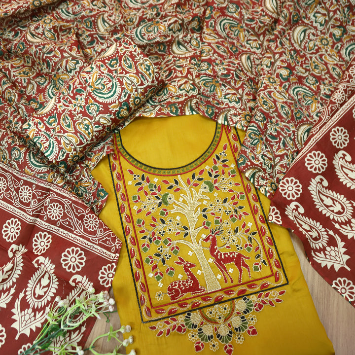 Patrani Dijon Yellow Thread Embroidered Neck Work Glazed Cotton Suit Set