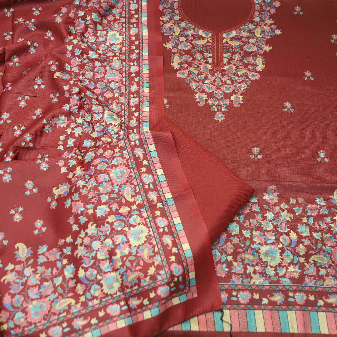 Rishvi Brick Maroon Digital Kashmiri Printes Semi Pashmina Winter Set