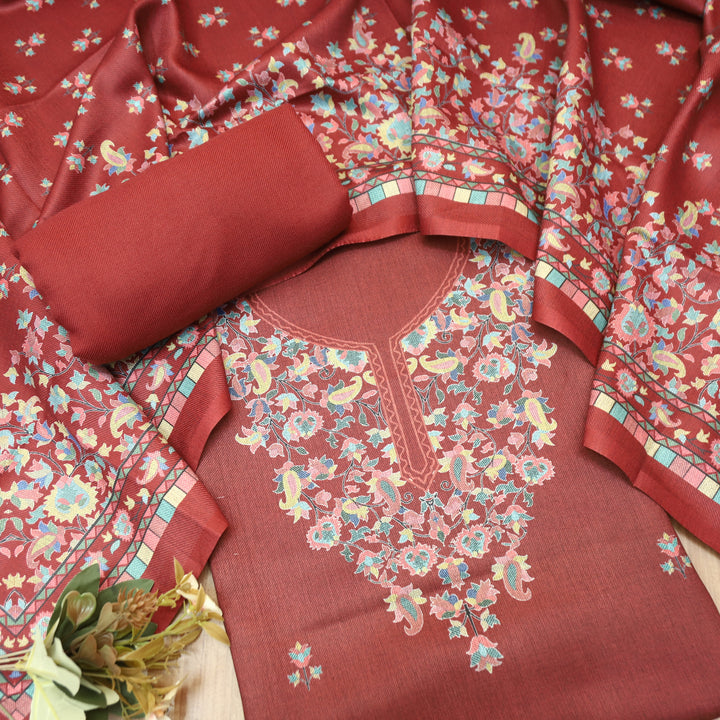 Rishvi Brick Maroon Digital Kashmiri Printes Semi Pashmina Winter Set