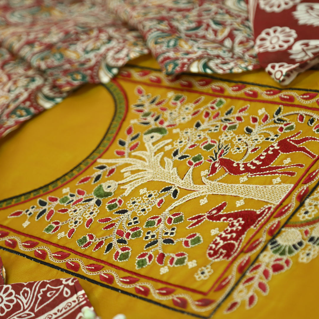 Patrani Dijon Yellow Thread Embroidered Neck Work Glazed Cotton Suit Set