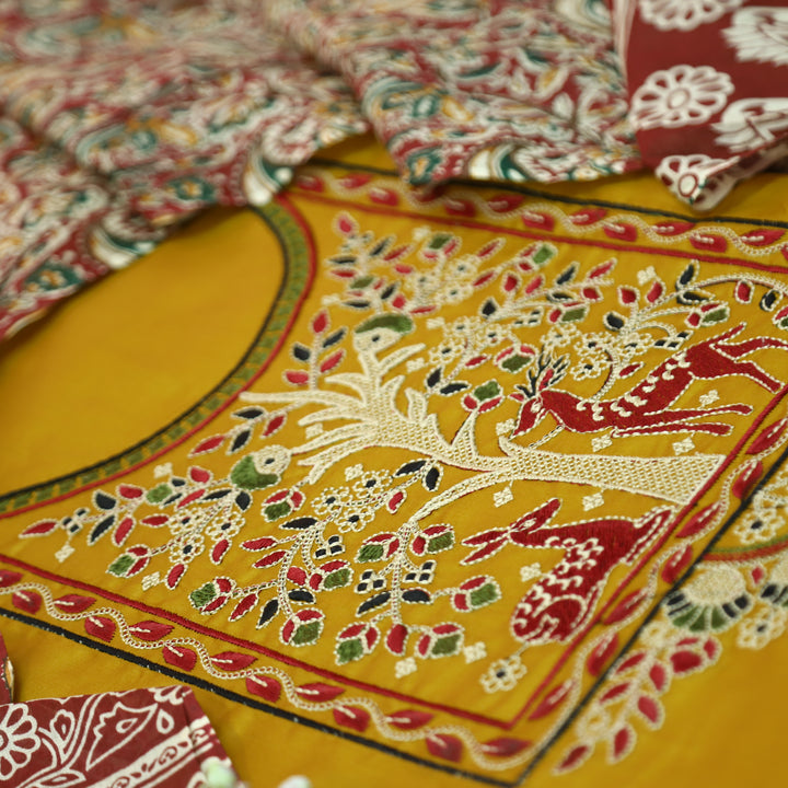 Patrani Dijon Yellow Thread Embroidered Neck Work Glazed Cotton Suit Set