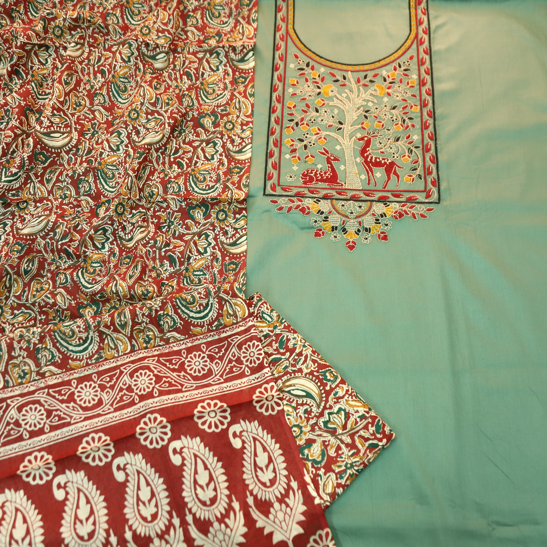 Patrani Sage Green Thread Embroidered Neck Work Glazed Cotton Suit Set