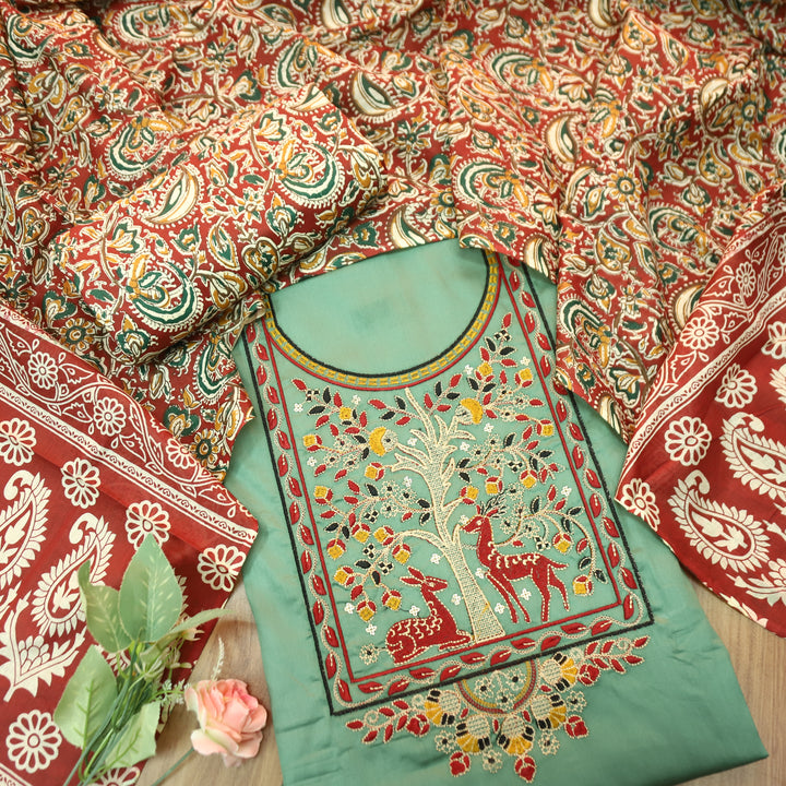 Patrani Sage Green Thread Embroidered Neck Work Glazed Cotton Suit Set