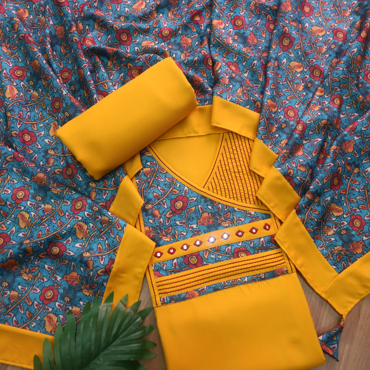 Paak Yellow with Blue Kalamkari Angrakha Patch Work Semi Pashmina Winter Set