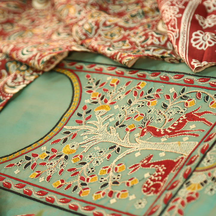 Patrani Sage Green Thread Embroidered Neck Work Glazed Cotton Suit Set