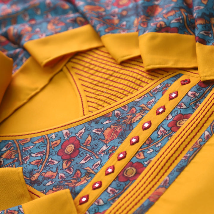 Paak Yellow with Blue Kalamkari Angrakha Patch Work Semi Pashmina Winter Set