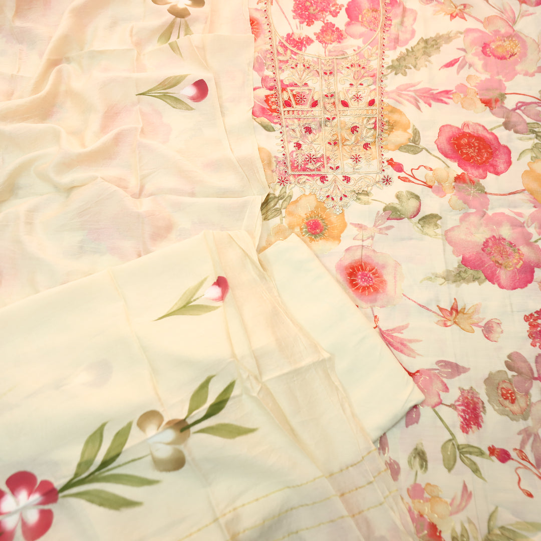 Patrani Beige with Pink Floral Printed with Embellished Neckline Modal Suit Set