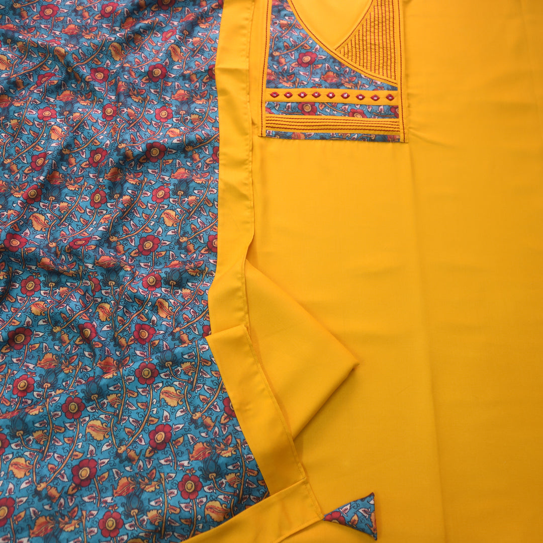 Paak Yellow with Blue Kalamkari Angrakha Patch Work Semi Pashmina Winter Set