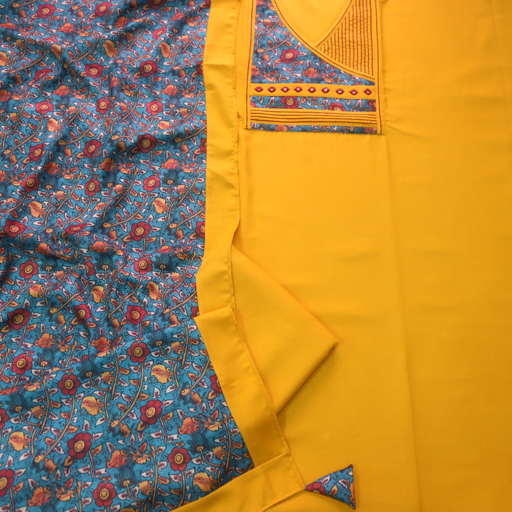 Paak Yellow with Blue Kalamkari Angrakha Patch Work Semi Pashmina Winter Set