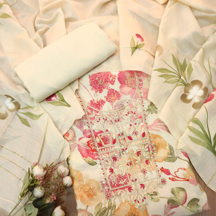 Patrani Beige with Pink Floral Printed with Embellished Neckline Modal Suit Set