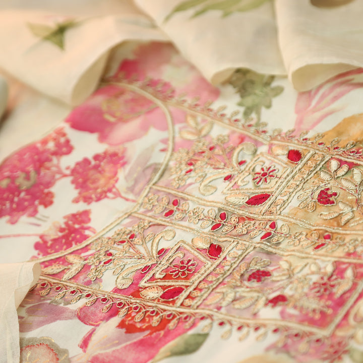Patrani Beige with Pink Floral Printed with Embellished Neckline Modal Suit Set