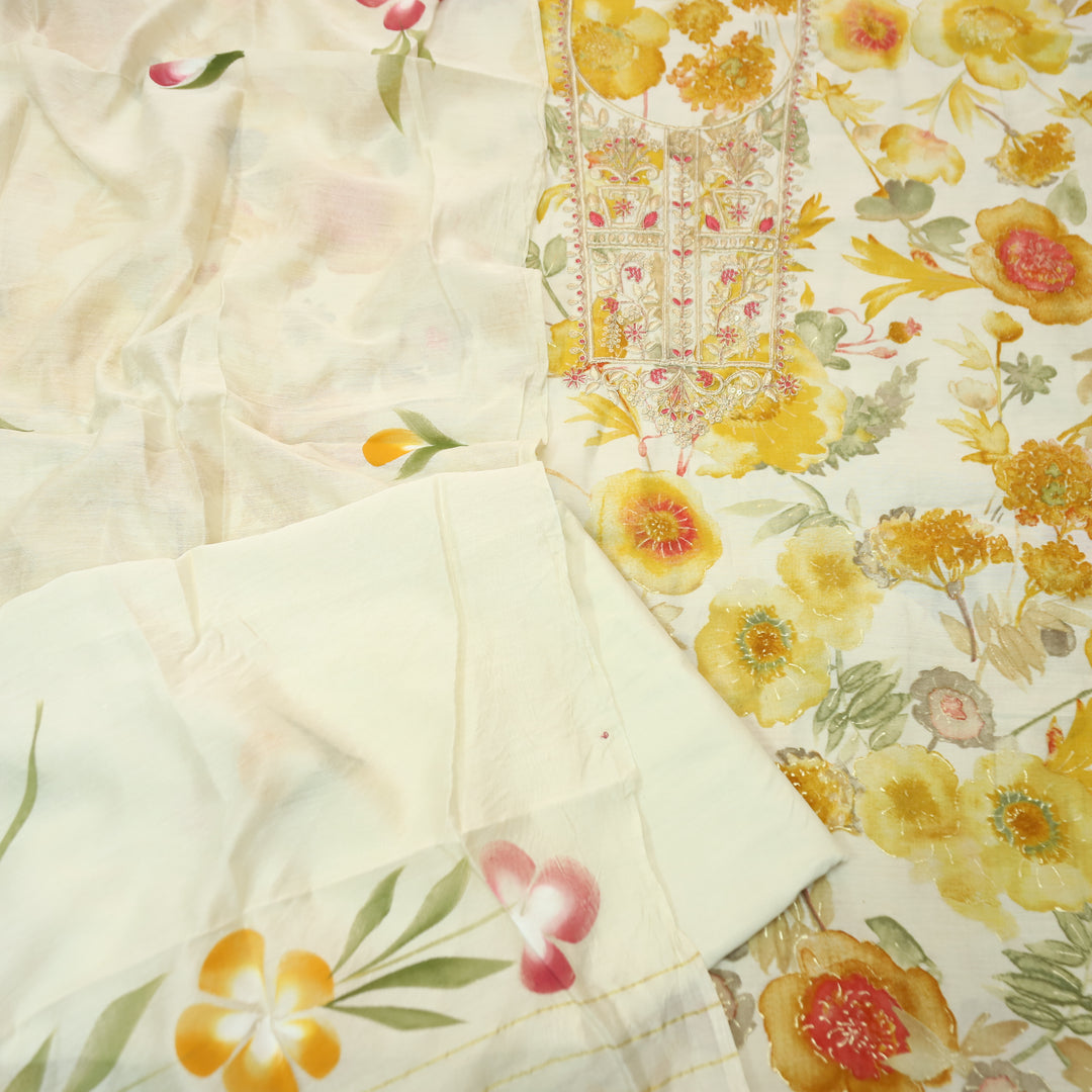 Patrani Beige with Yellow Floral Printed with Embellished Neckline Modal Suit Set