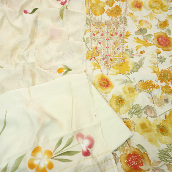 Patrani Beige with Yellow Floral Printed with Embellished Neckline Modal Suit Set