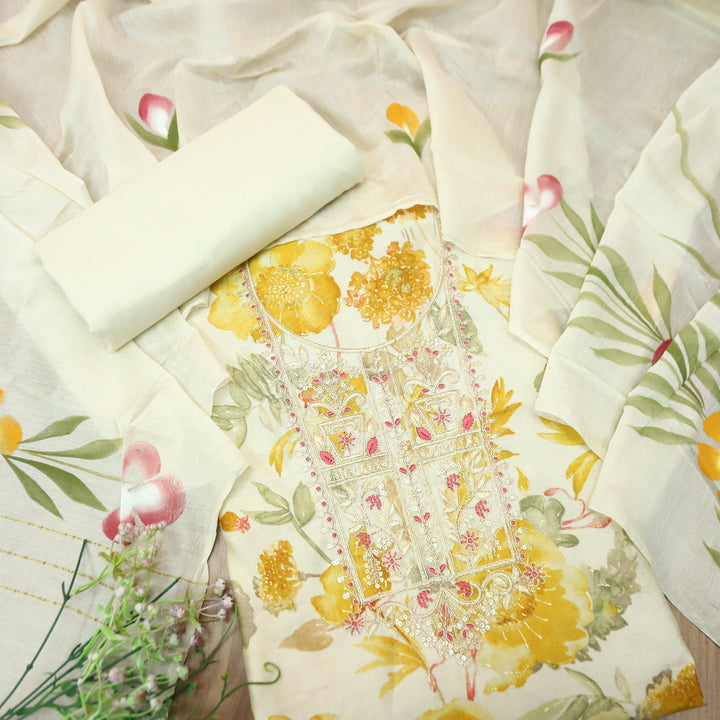 Patrani Beige with Yellow Floral Printed with Embellished Neckline Modal Suit Set