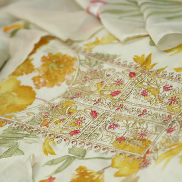 Patrani Beige with Yellow Floral Printed with Embellished Neckline Modal Suit Set