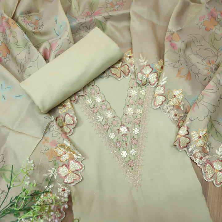 Patrani Tan Beige V Embellished Neckline with Cut Work Hem Modal Suit Set