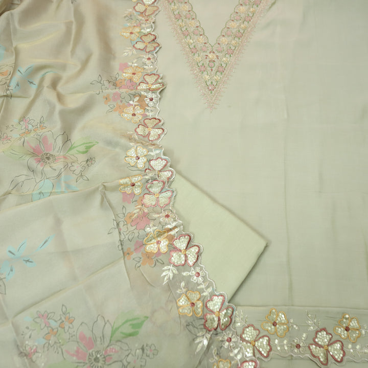 Patrani Tan Beige V Embellished Neckline with Cut Work Hem Modal Suit Set