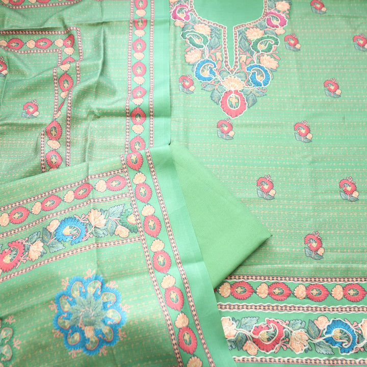 Mahira Leaf Green Aari Work Floral Printed Semi Pashmina Winter Set