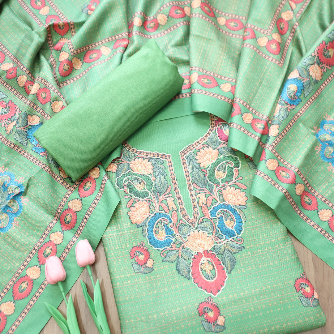 Mahira Leaf Green Aari Work Floral Printed Semi Pashmina Winter Set