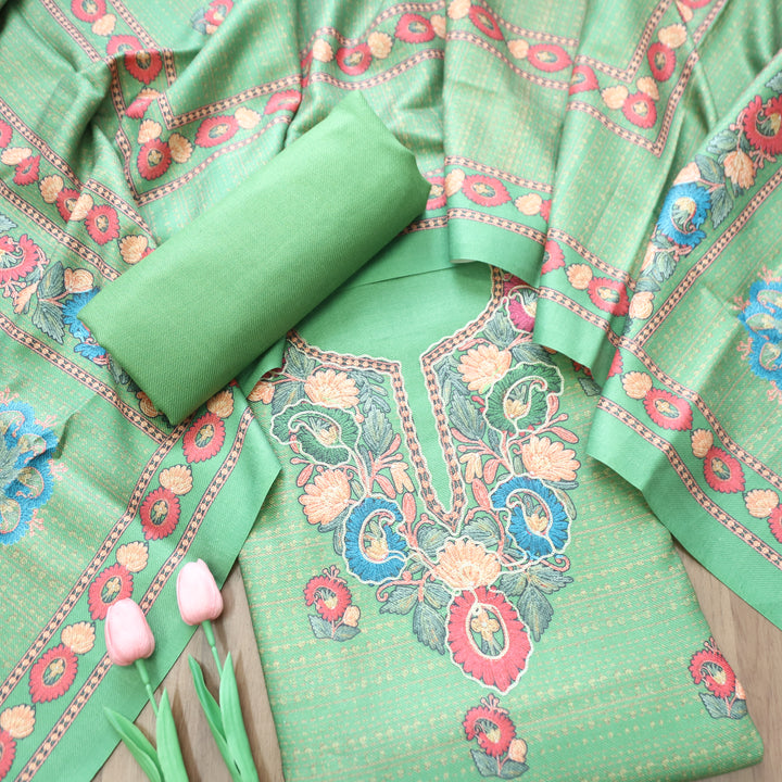 Mahira Leaf Green Aari Work Floral Printed Semi Pashmina Winter Set