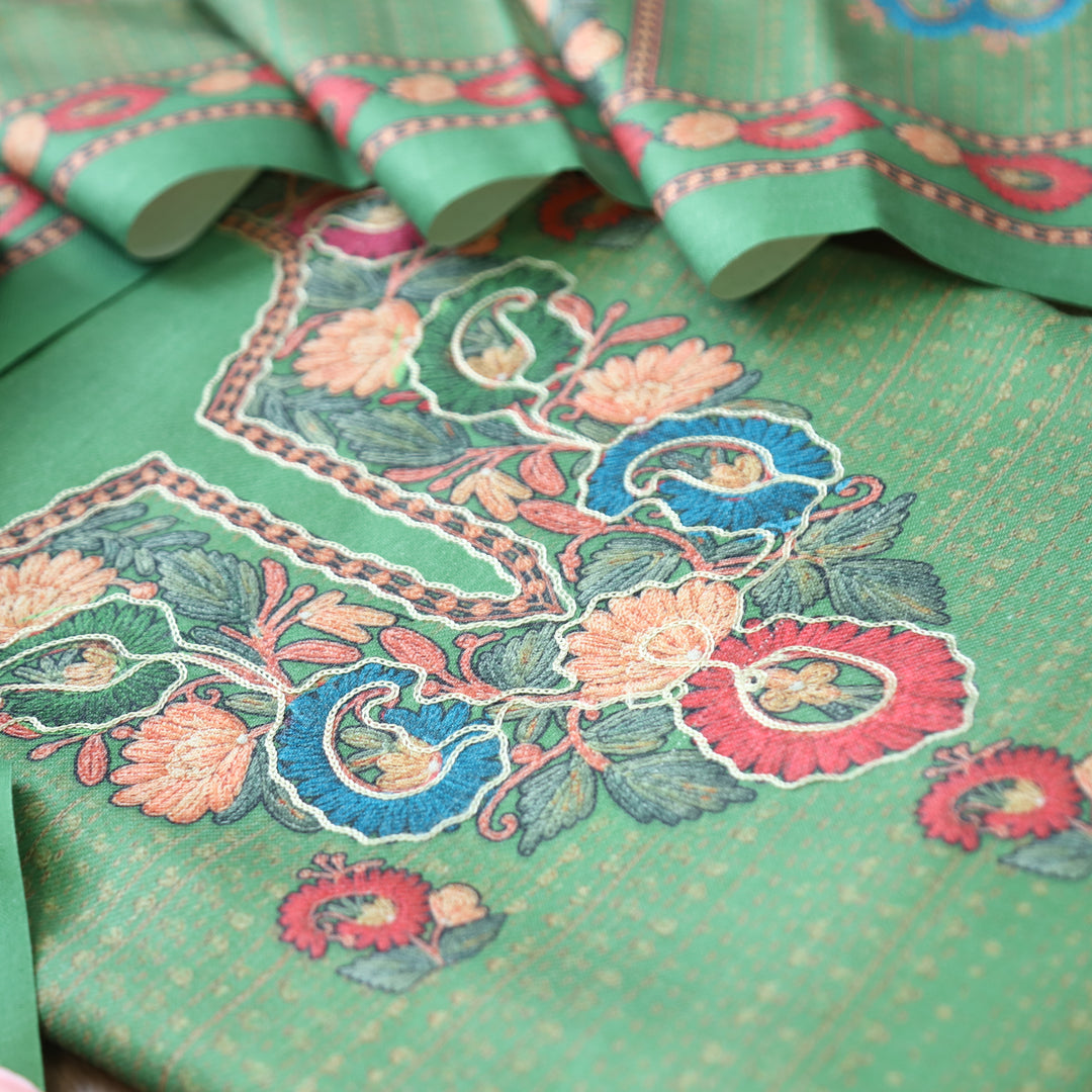 Mahira Leaf Green Aari Work Floral Printed Semi Pashmina Winter Set