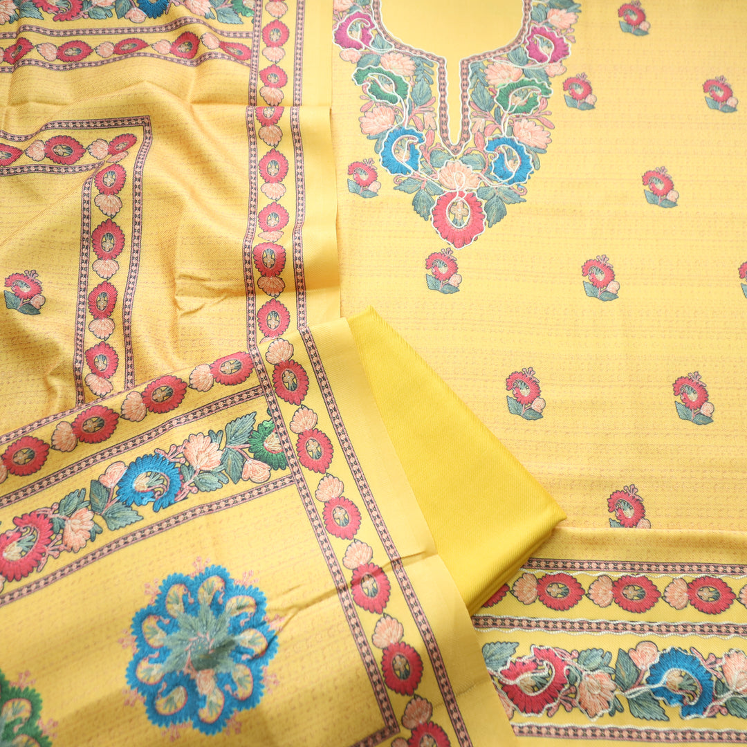 Mahira Butter Yellow Aari Work Floral Printed Semi Pashmina Winter Set