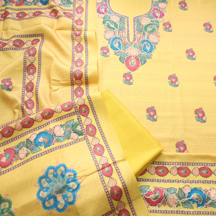 Mahira Butter Yellow Aari Work Floral Printed Semi Pashmina Winter Set