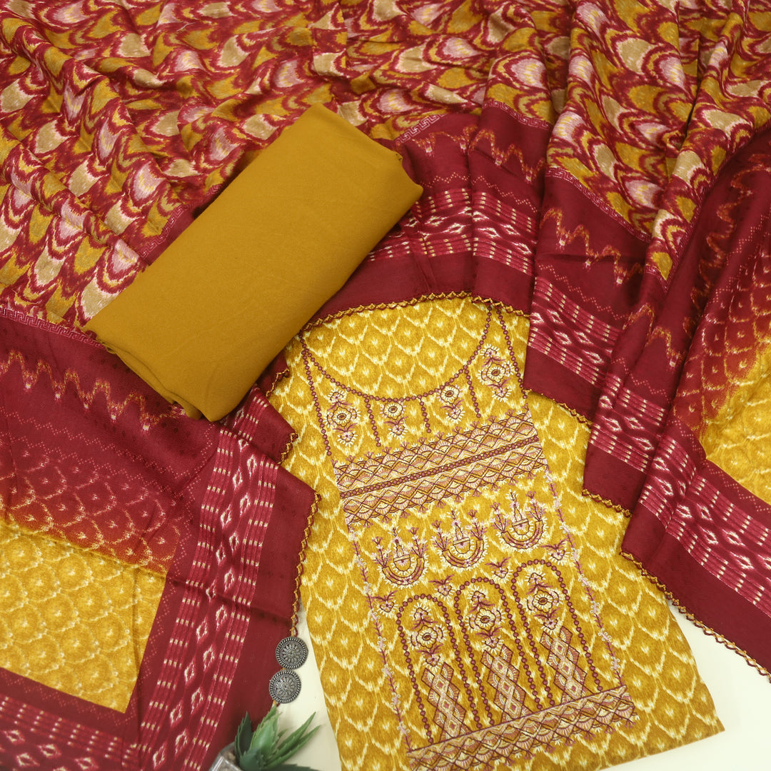Firdous Canary Yellow Thread Embroidery Semi Pashmina Suit Set