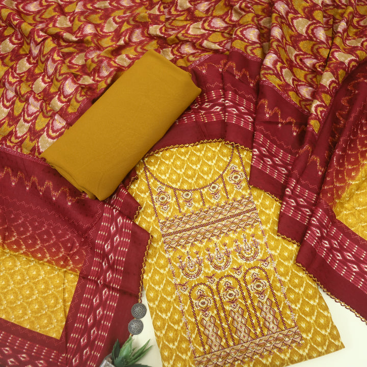 Firdous Canary Yellow Thread Embroidery Semi Pashmina Suit Set