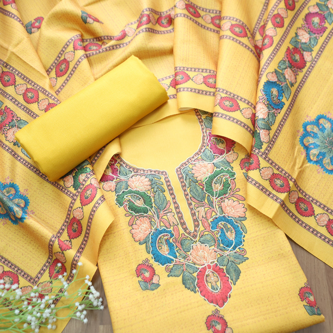 Mahira Butter Yellow Aari Work Floral Printed Semi Pashmina Winter Set