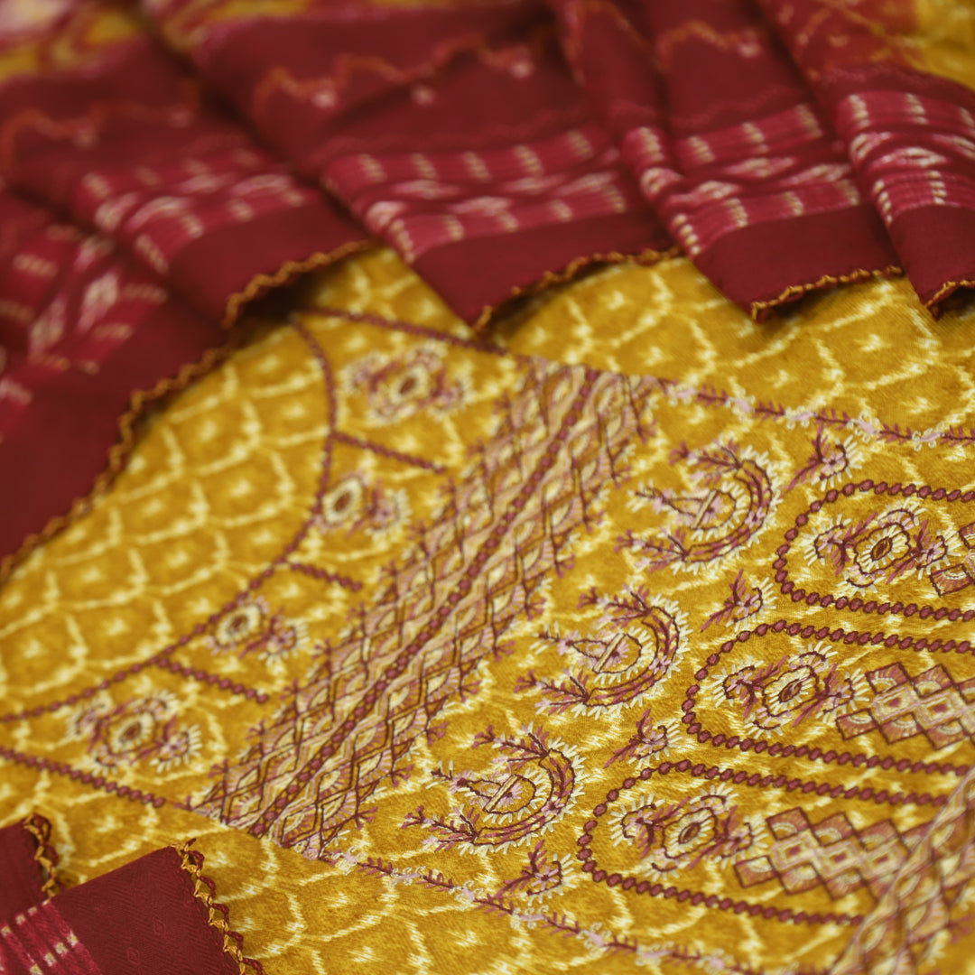 Firdous Canary Yellow Thread Embroidery Semi Pashmina Suit Set