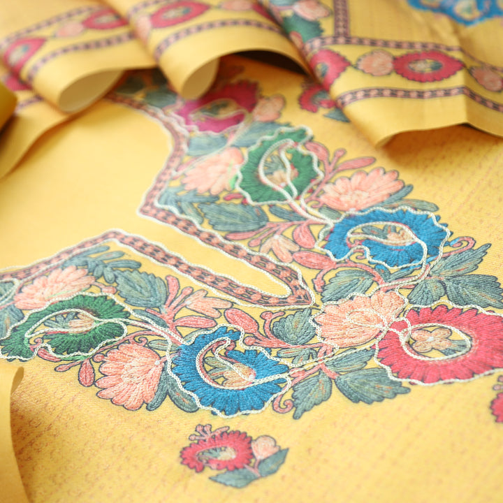 Mahira Butter Yellow Aari Work Floral Printed Semi Pashmina Winter Set