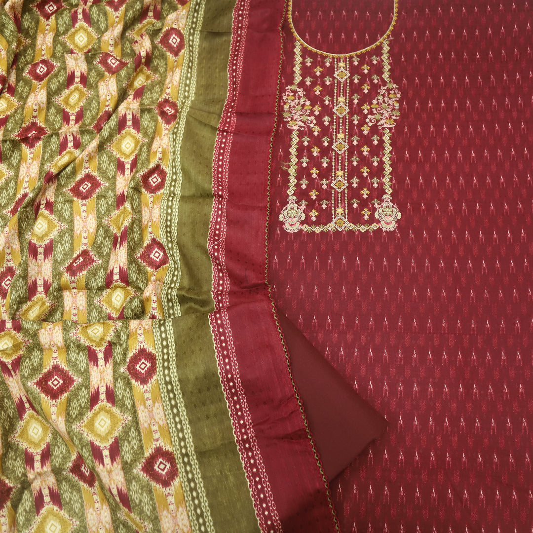 Firdous Maroon Red Thread Embroidery Semi Pashmina Suit Set