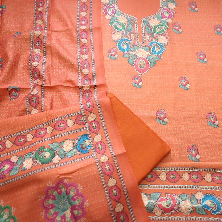Mahira Tang Orange Aari Work Floral Printed Semi Pashmina Winter Set