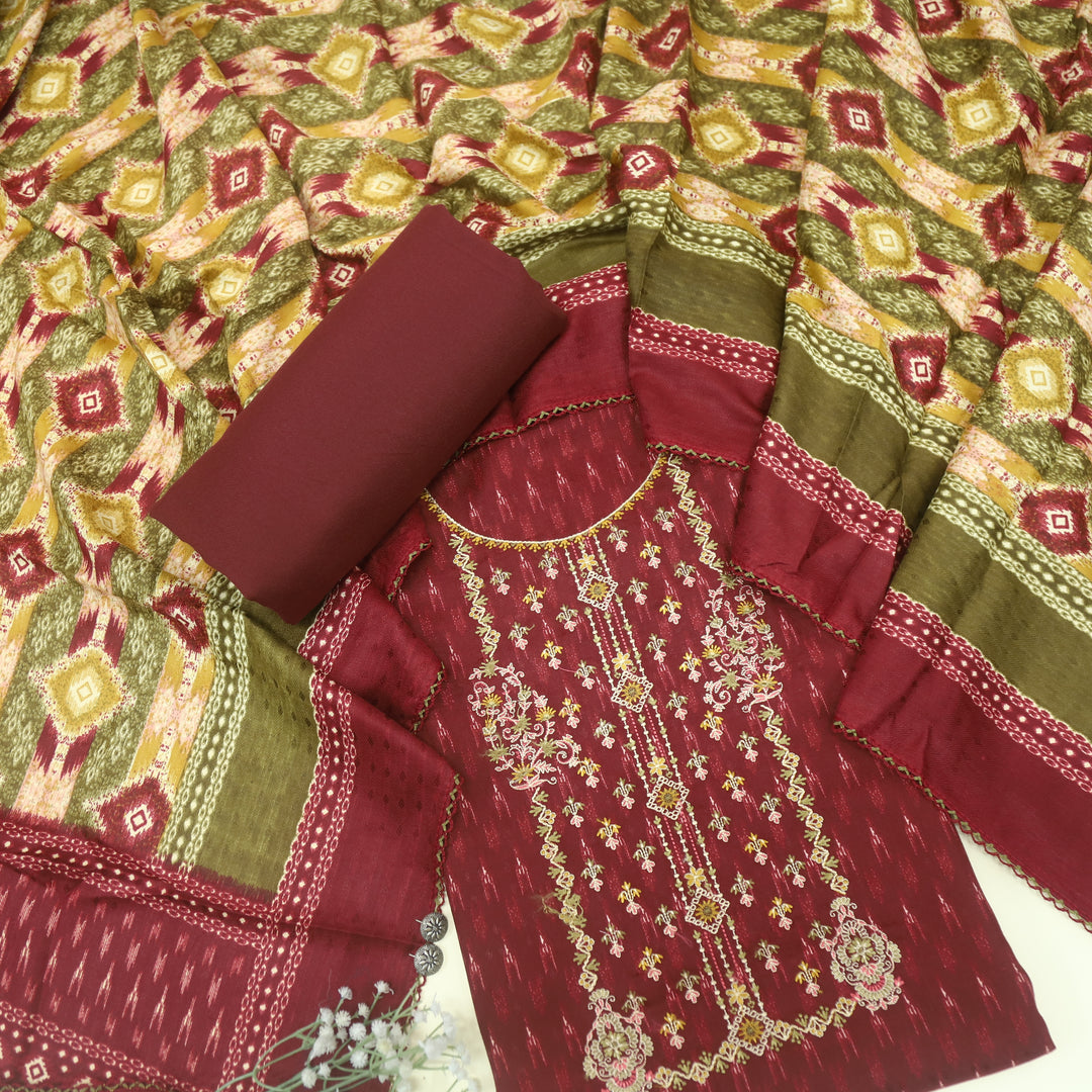 Firdous Maroon Red Thread Embroidery Semi Pashmina Suit Set