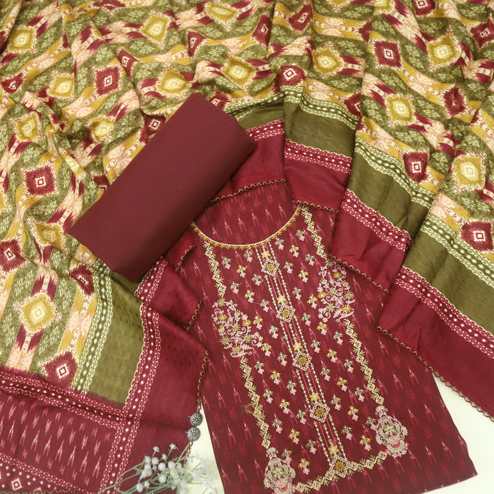 Firdous Maroon Red Thread Embroidery Semi Pashmina Suit Set