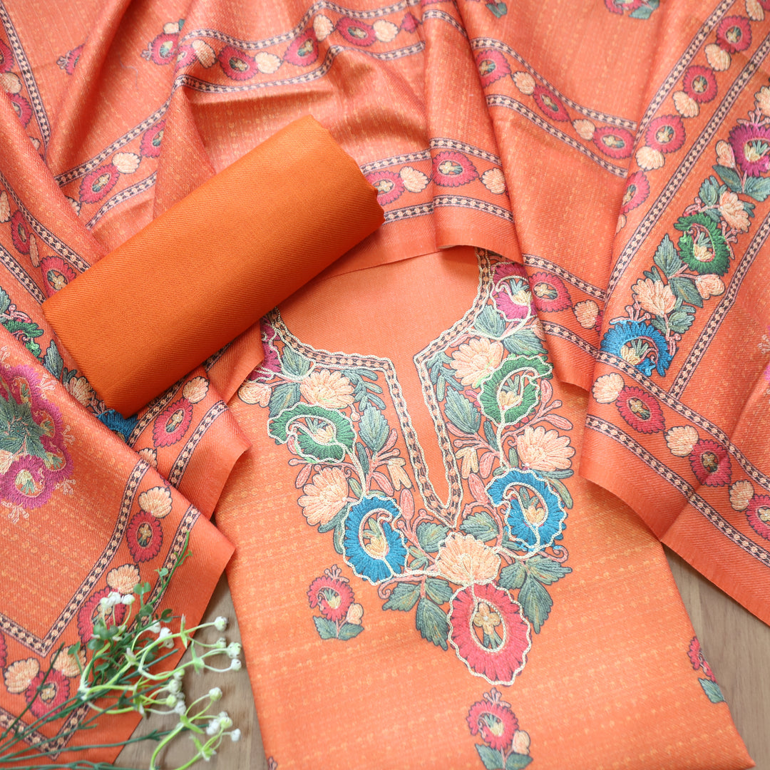 Mahira Tang Orange Aari Work Floral Printed Semi Pashmina Winter Set