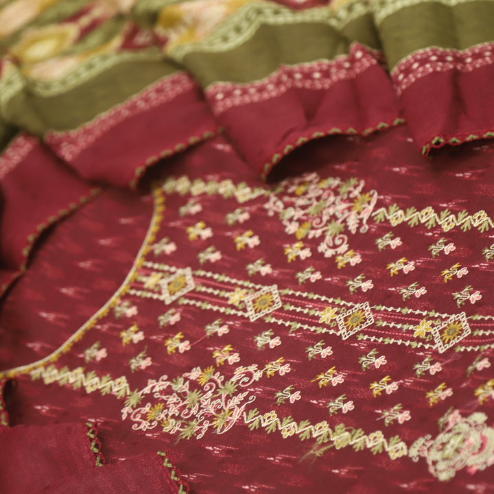 Firdous Maroon Red Thread Embroidery Semi Pashmina Suit Set