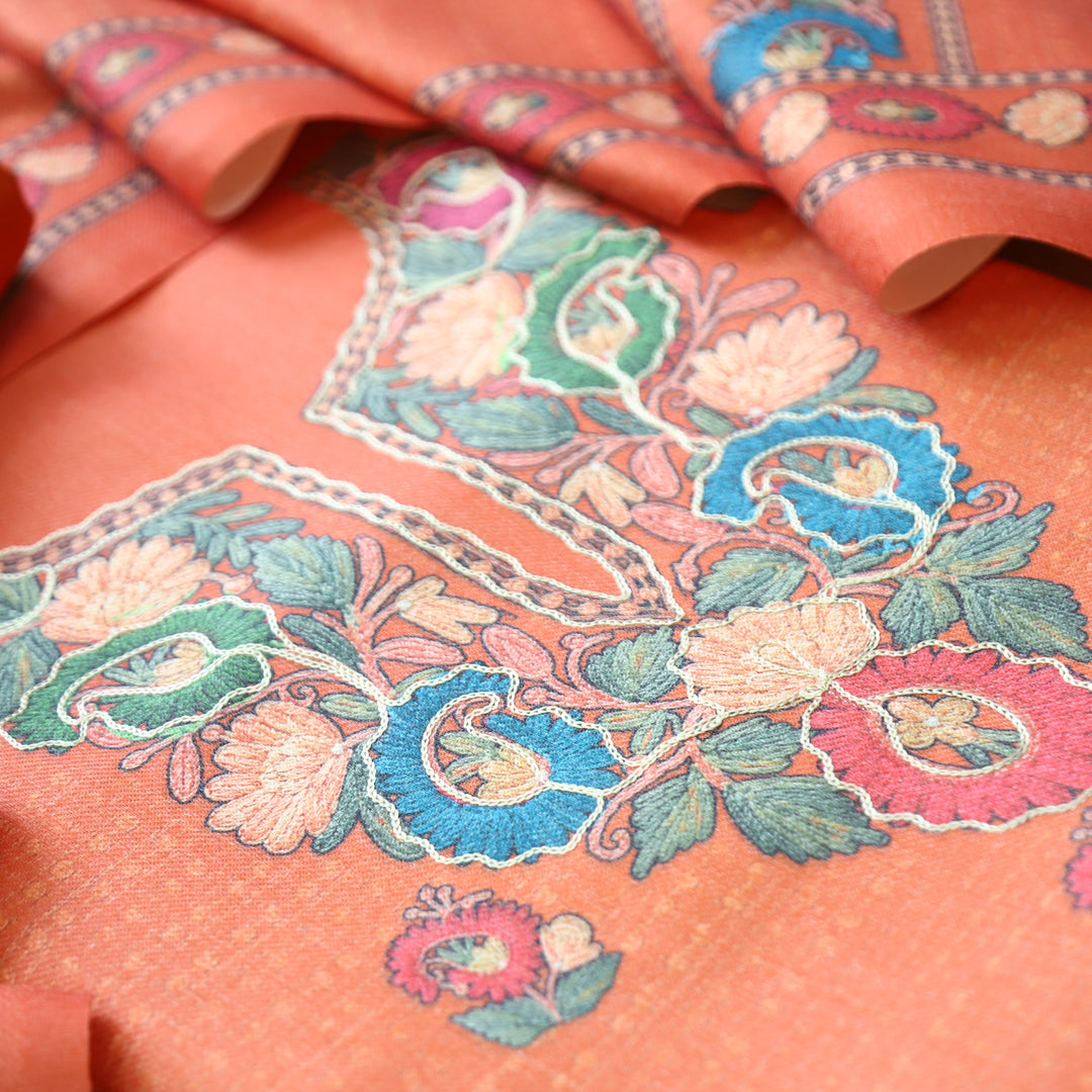 Mahira Tang Orange Aari Work Floral Printed Semi Pashmina Winter Set