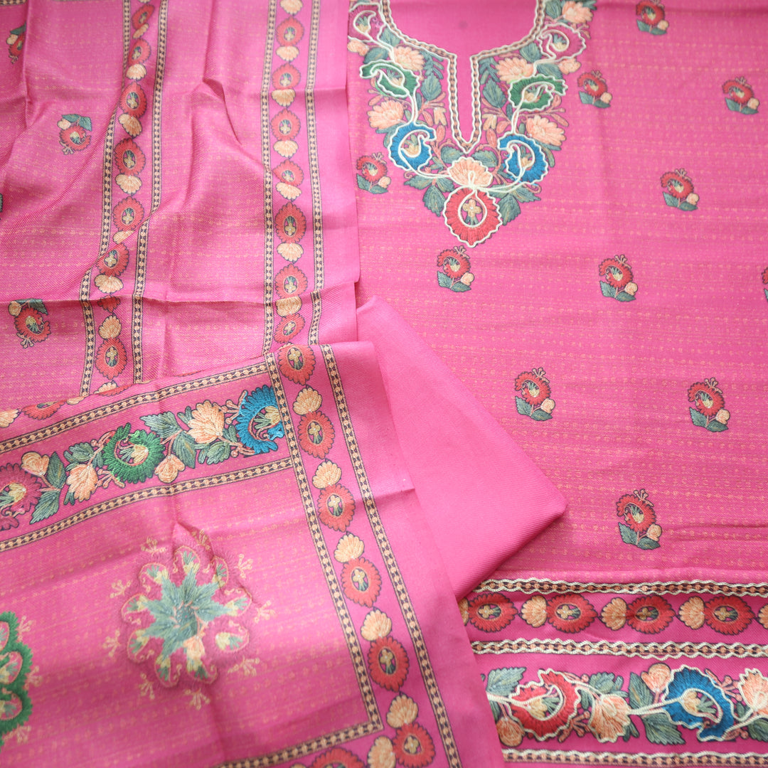 Mahira Punch Pink Aari Work Floral Printed Semi Pashmina Winter Set