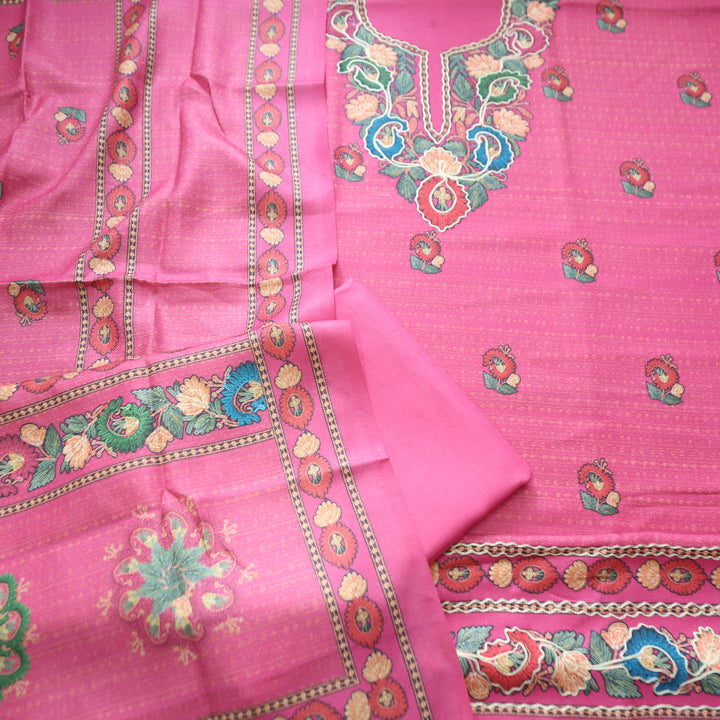 Mahira Punch Pink Aari Work Floral Printed Semi Pashmina Winter Set