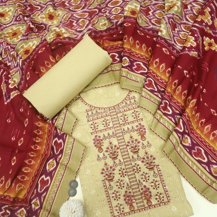 Firdous Ivory Beige Thread Embroidery Semi Pashmina Suit Set